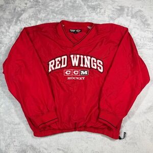 VTG CCM Detroit Red Wings M Red Windbreaker V-Neck Pullover Jacket Lined Pockets